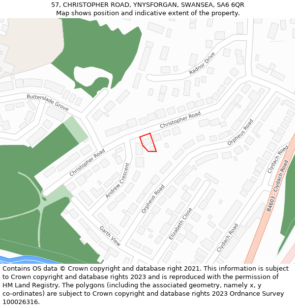 57, CHRISTOPHER ROAD, YNYSFORGAN, SWANSEA, SA6 6QR: Location map and indicative extent of plot