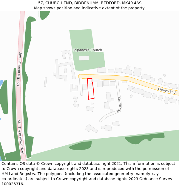 57, CHURCH END, BIDDENHAM, BEDFORD, MK40 4AS: Location map and indicative extent of plot