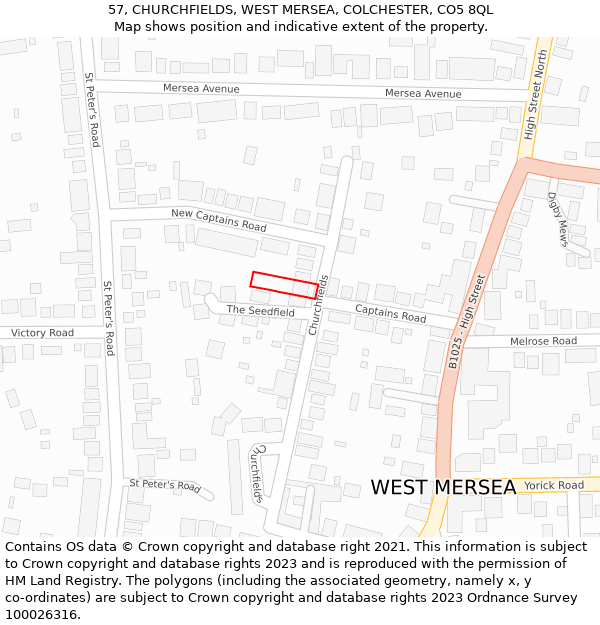 57, CHURCHFIELDS, WEST MERSEA, COLCHESTER, CO5 8QL: Location map and indicative extent of plot