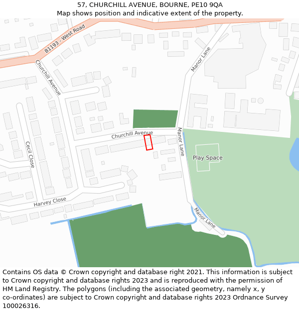 57, CHURCHILL AVENUE, BOURNE, PE10 9QA: Location map and indicative extent of plot
