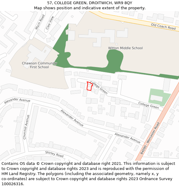 57, COLLEGE GREEN, DROITWICH, WR9 8QY: Location map and indicative extent of plot