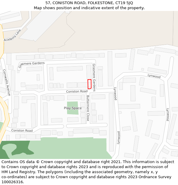 57, CONISTON ROAD, FOLKESTONE, CT19 5JQ: Location map and indicative extent of plot