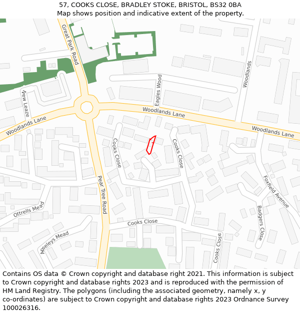 57, COOKS CLOSE, BRADLEY STOKE, BRISTOL, BS32 0BA: Location map and indicative extent of plot