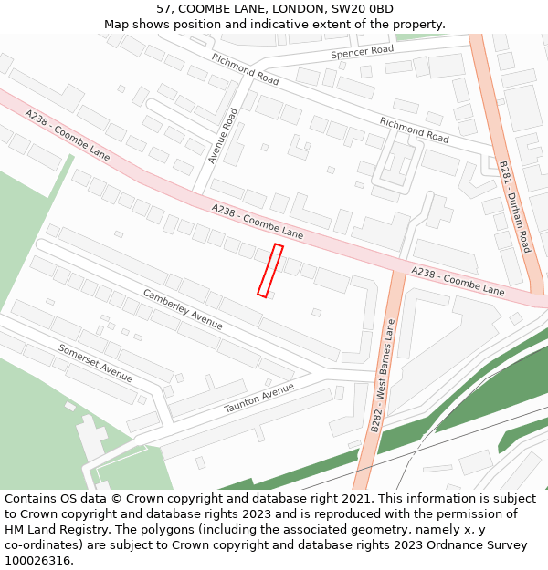 57, COOMBE LANE, LONDON, SW20 0BD: Location map and indicative extent of plot