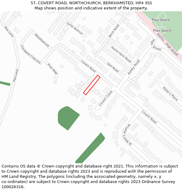 57, COVERT ROAD, NORTHCHURCH, BERKHAMSTED, HP4 3SS: Location map and indicative extent of plot