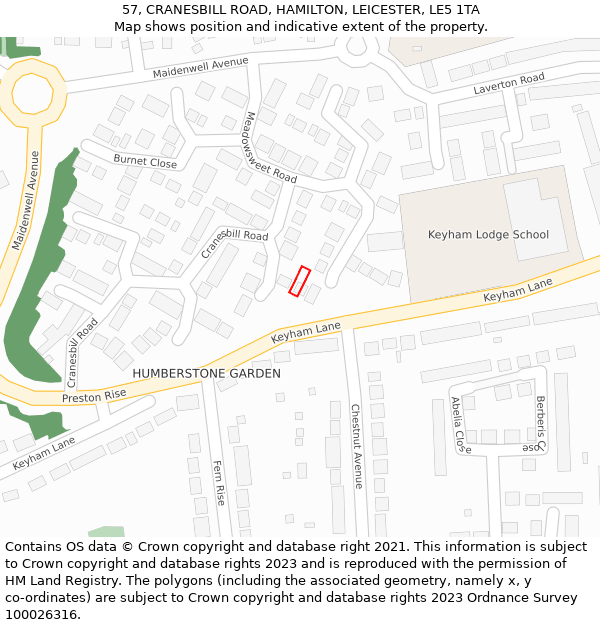 57, CRANESBILL ROAD, HAMILTON, LEICESTER, LE5 1TA: Location map and indicative extent of plot