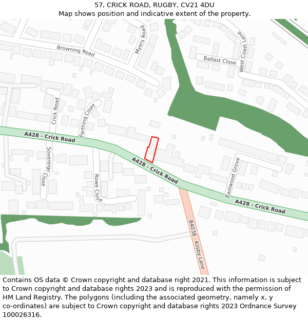 57, CRICK ROAD, RUGBY, CV21 4DU: Location map and indicative extent of plot