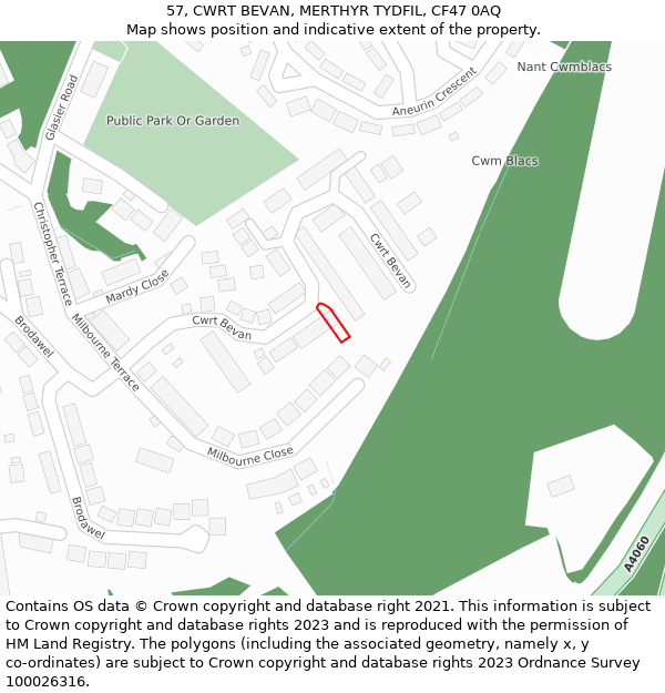 57, CWRT BEVAN, MERTHYR TYDFIL, CF47 0AQ: Location map and indicative extent of plot