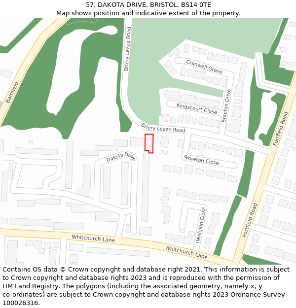 57, DAKOTA DRIVE, BRISTOL, BS14 0TE: Location map and indicative extent of plot