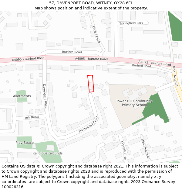 57, DAVENPORT ROAD, WITNEY, OX28 6EL: Location map and indicative extent of plot