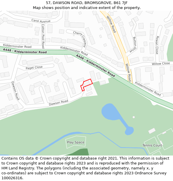 57, DAWSON ROAD, BROMSGROVE, B61 7JF: Location map and indicative extent of plot