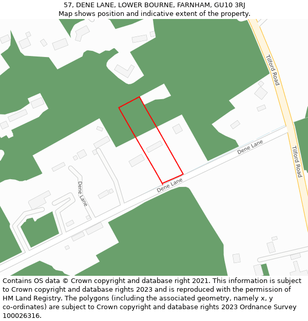 57, DENE LANE, LOWER BOURNE, FARNHAM, GU10 3RJ: Location map and indicative extent of plot