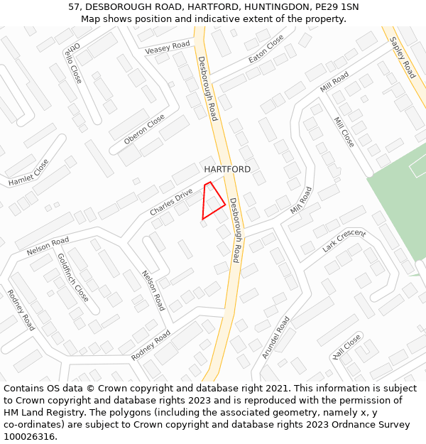 57, DESBOROUGH ROAD, HARTFORD, HUNTINGDON, PE29 1SN: Location map and indicative extent of plot