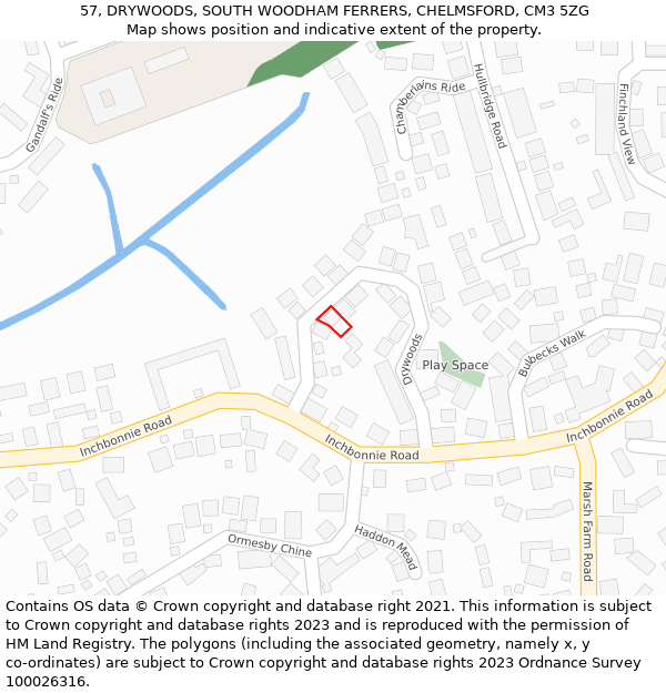 57, DRYWOODS, SOUTH WOODHAM FERRERS, CHELMSFORD, CM3 5ZG: Location map and indicative extent of plot