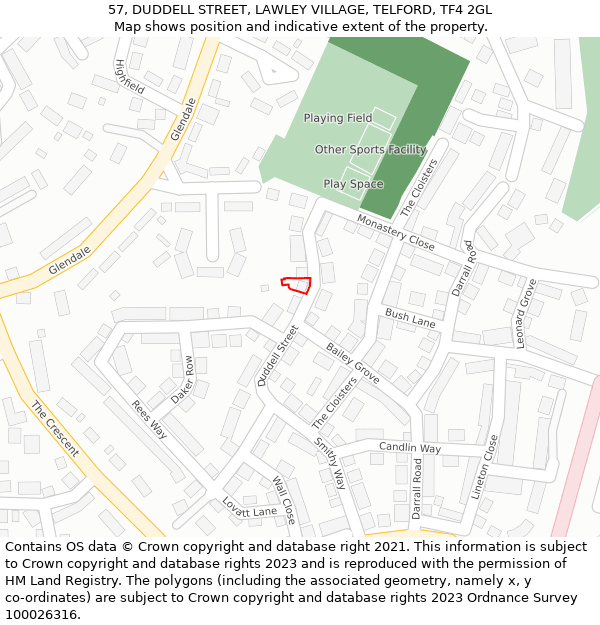 57, DUDDELL STREET, LAWLEY VILLAGE, TELFORD, TF4 2GL: Location map and indicative extent of plot