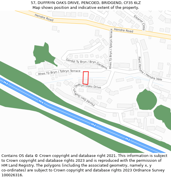 57, DUFFRYN OAKS DRIVE, PENCOED, BRIDGEND, CF35 6LZ: Location map and indicative extent of plot