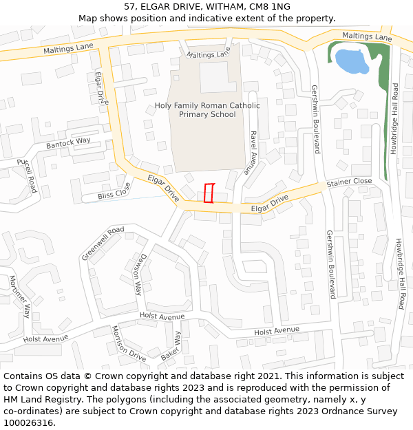 57, ELGAR DRIVE, WITHAM, CM8 1NG: Location map and indicative extent of plot