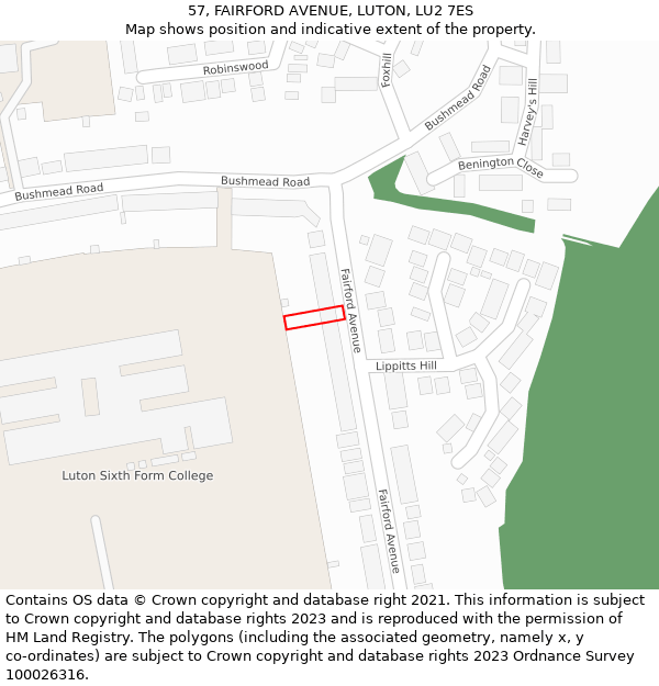 57, FAIRFORD AVENUE, LUTON, LU2 7ES: Location map and indicative extent of plot