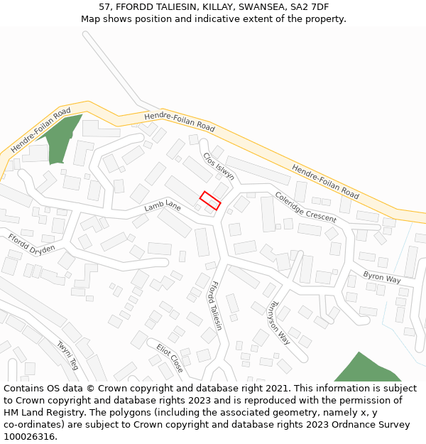 57, FFORDD TALIESIN, KILLAY, SWANSEA, SA2 7DF: Location map and indicative extent of plot