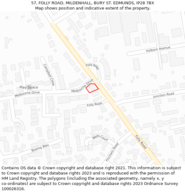 57, FOLLY ROAD, MILDENHALL, BURY ST. EDMUNDS, IP28 7BX: Location map and indicative extent of plot