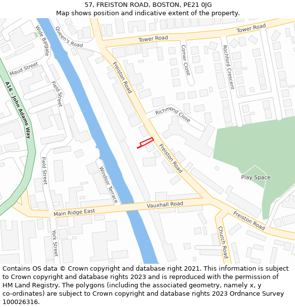 57, FREISTON ROAD, BOSTON, PE21 0JG: Location map and indicative extent of plot