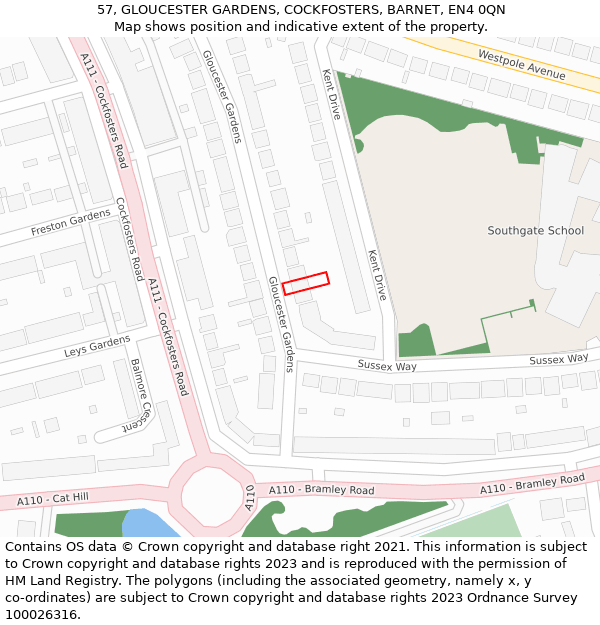 57, GLOUCESTER GARDENS, COCKFOSTERS, BARNET, EN4 0QN: Location map and indicative extent of plot