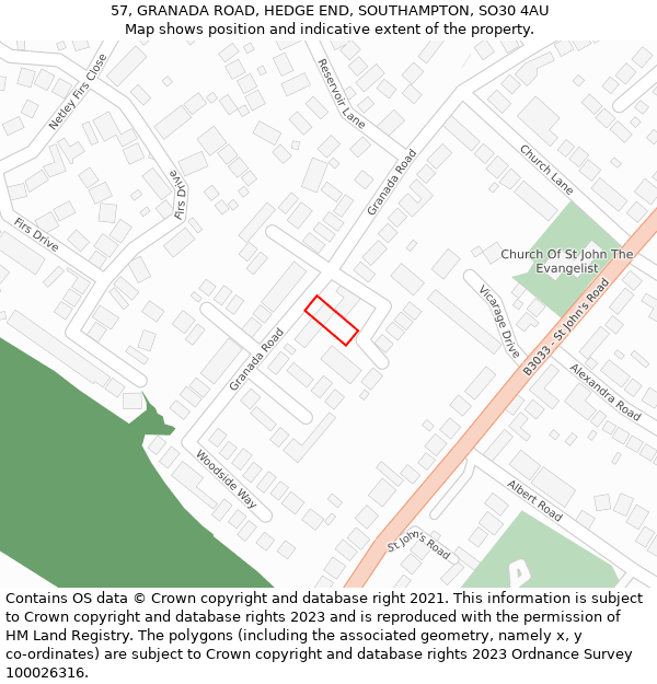 57, GRANADA ROAD, HEDGE END, SOUTHAMPTON, SO30 4AU: Location map and indicative extent of plot