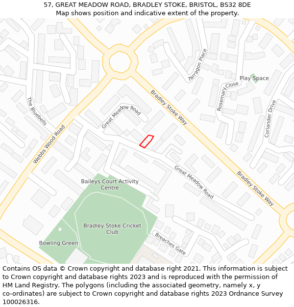 57, GREAT MEADOW ROAD, BRADLEY STOKE, BRISTOL, BS32 8DE: Location map and indicative extent of plot