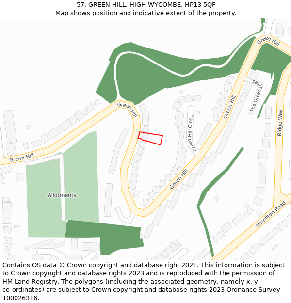 57, GREEN HILL, HIGH WYCOMBE, HP13 5QF: Location map and indicative extent of plot