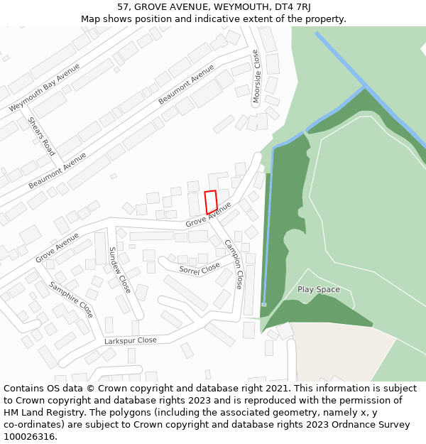 57, GROVE AVENUE, WEYMOUTH, DT4 7RJ: Location map and indicative extent of plot