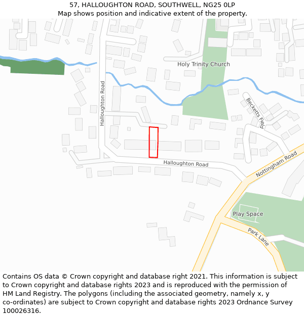 57, HALLOUGHTON ROAD, SOUTHWELL, NG25 0LP: Location map and indicative extent of plot