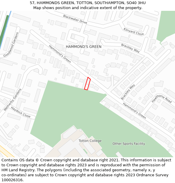 57, HAMMONDS GREEN, TOTTON, SOUTHAMPTON, SO40 3HU: Location map and indicative extent of plot