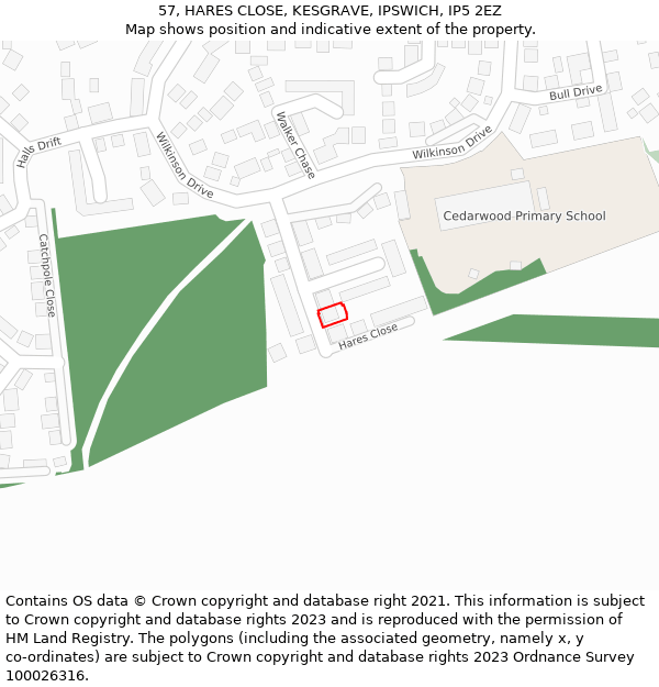 57, HARES CLOSE, KESGRAVE, IPSWICH, IP5 2EZ: Location map and indicative extent of plot