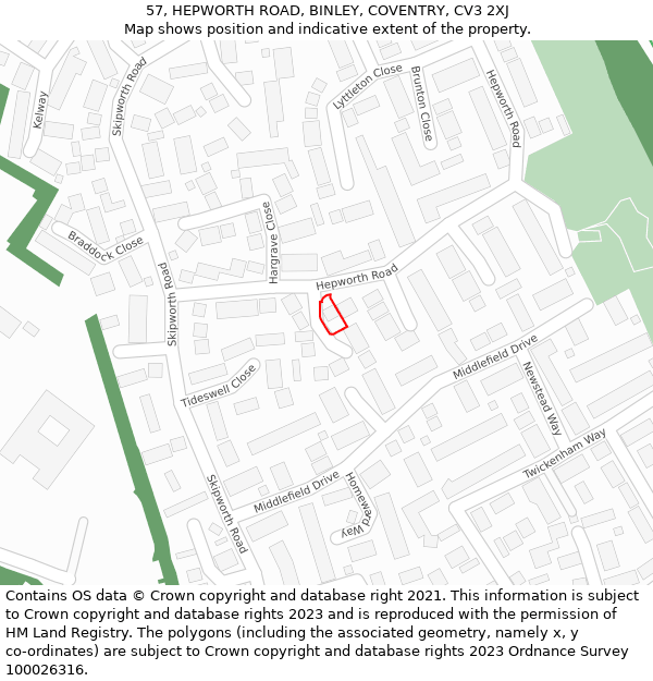 57, HEPWORTH ROAD, BINLEY, COVENTRY, CV3 2XJ: Location map and indicative extent of plot