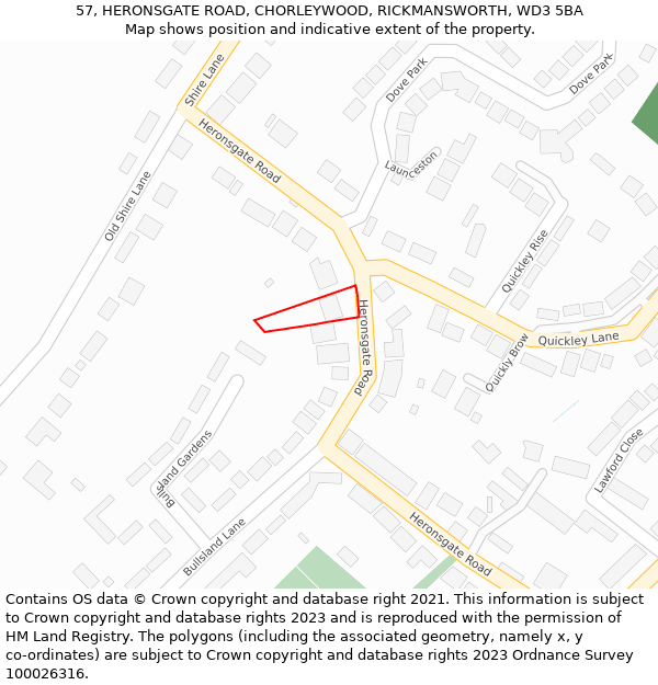 57, HERONSGATE ROAD, CHORLEYWOOD, RICKMANSWORTH, WD3 5BA: Location map and indicative extent of plot