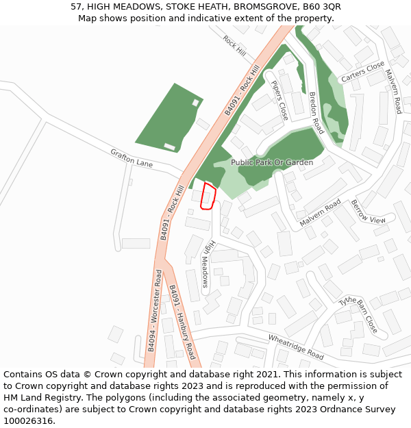 57, HIGH MEADOWS, STOKE HEATH, BROMSGROVE, B60 3QR: Location map and indicative extent of plot