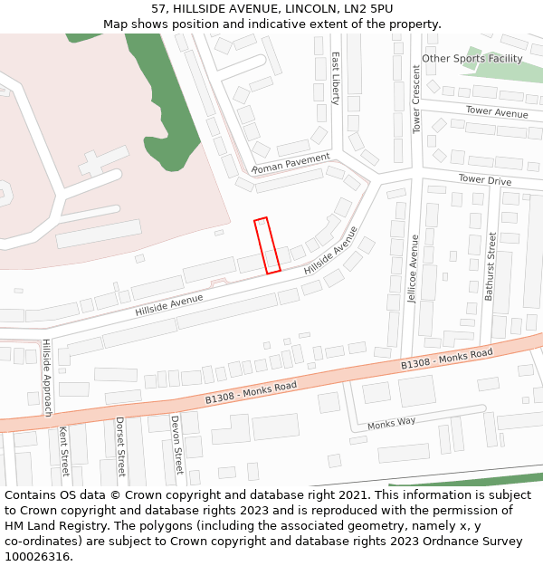 57, HILLSIDE AVENUE, LINCOLN, LN2 5PU: Location map and indicative extent of plot