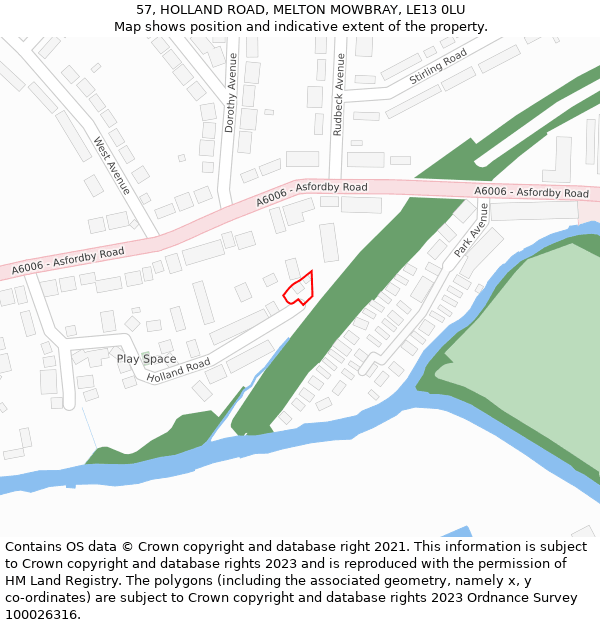 57, HOLLAND ROAD, MELTON MOWBRAY, LE13 0LU: Location map and indicative extent of plot