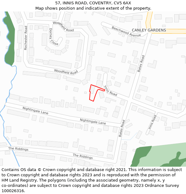 57, INNIS ROAD, COVENTRY, CV5 6AX: Location map and indicative extent of plot