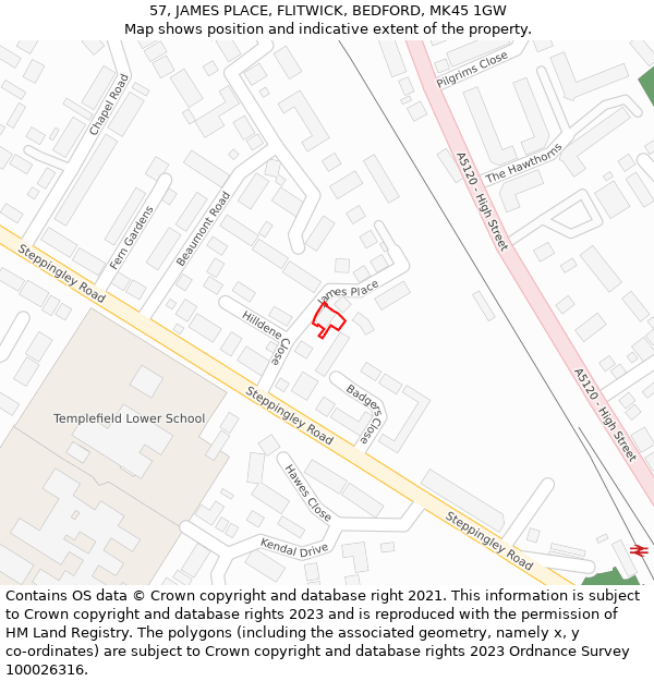 57, JAMES PLACE, FLITWICK, BEDFORD, MK45 1GW: Location map and indicative extent of plot