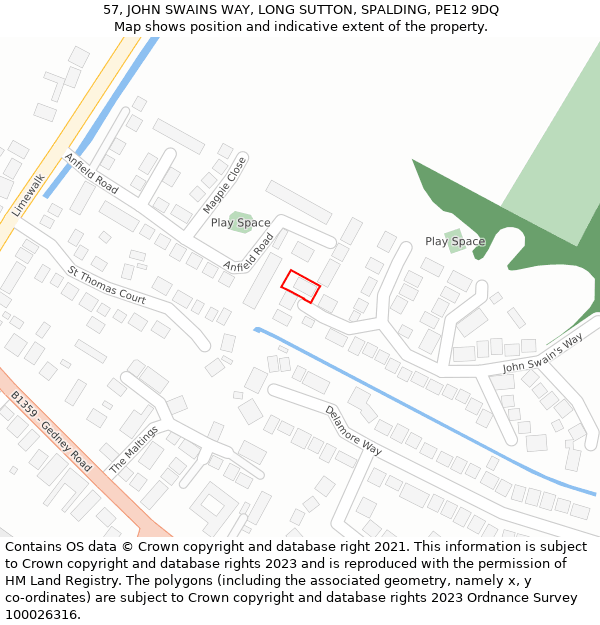 57, JOHN SWAINS WAY, LONG SUTTON, SPALDING, PE12 9DQ: Location map and indicative extent of plot