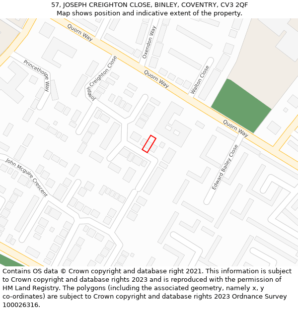 57, JOSEPH CREIGHTON CLOSE, BINLEY, COVENTRY, CV3 2QF: Location map and indicative extent of plot