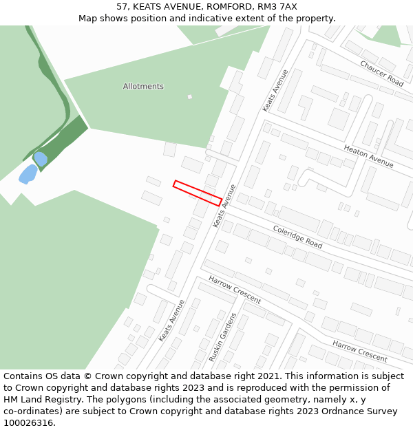 57, KEATS AVENUE, ROMFORD, RM3 7AX: Location map and indicative extent of plot