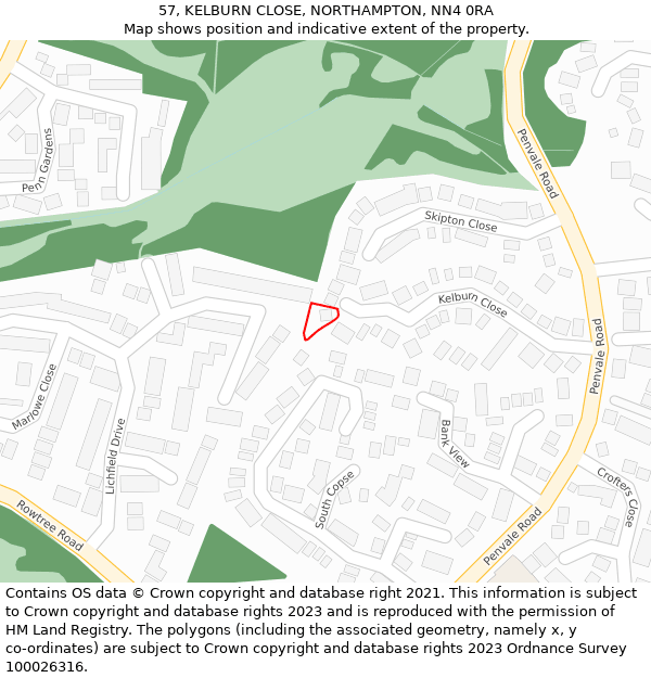 57, KELBURN CLOSE, NORTHAMPTON, NN4 0RA: Location map and indicative extent of plot