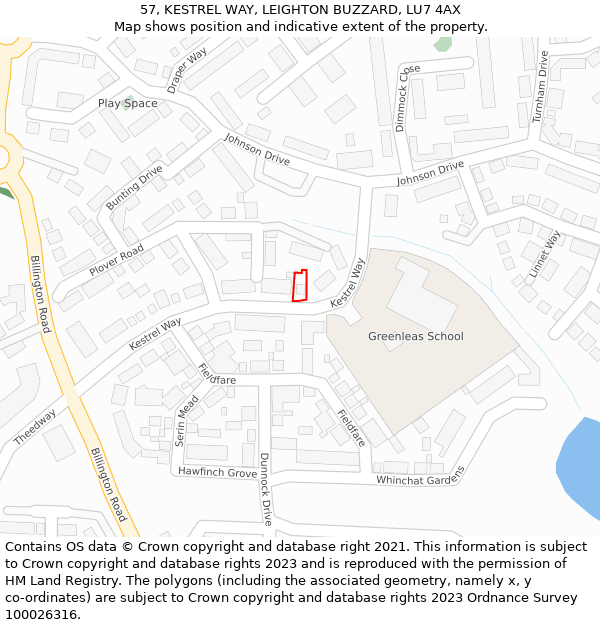 57, KESTREL WAY, LEIGHTON BUZZARD, LU7 4AX: Location map and indicative extent of plot