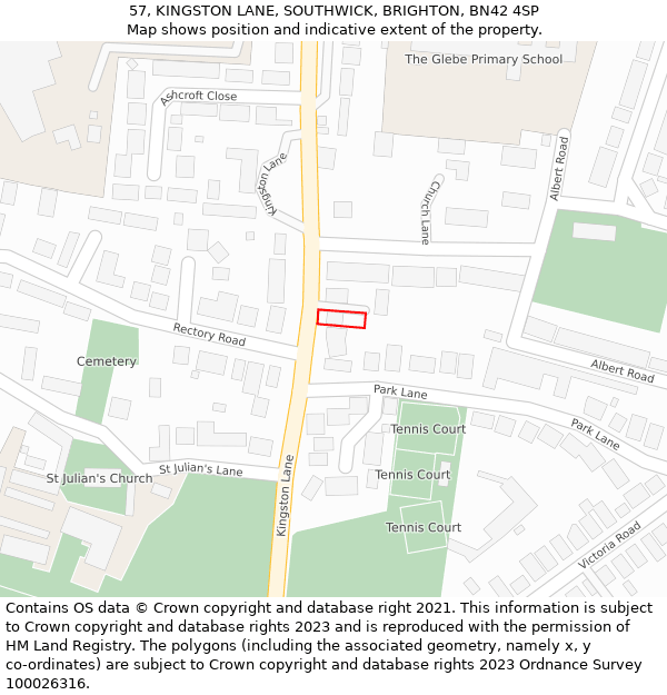 57, KINGSTON LANE, SOUTHWICK, BRIGHTON, BN42 4SP: Location map and indicative extent of plot