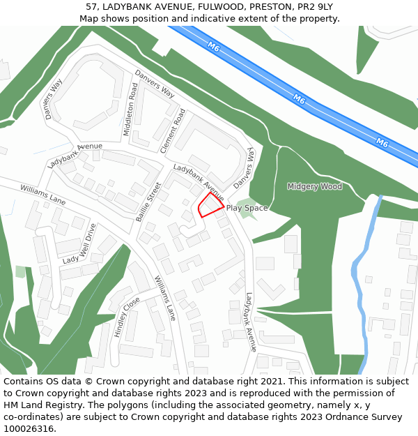 57, LADYBANK AVENUE, FULWOOD, PRESTON, PR2 9LY: Location map and indicative extent of plot
