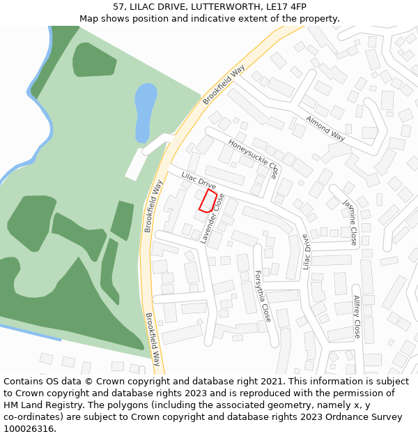 57, LILAC DRIVE, LUTTERWORTH, LE17 4FP: Location map and indicative extent of plot