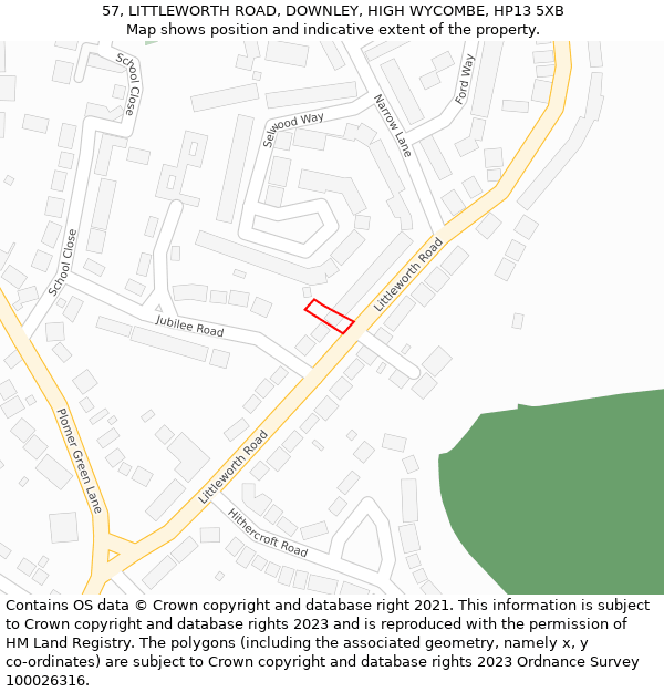 57, LITTLEWORTH ROAD, DOWNLEY, HIGH WYCOMBE, HP13 5XB: Location map and indicative extent of plot