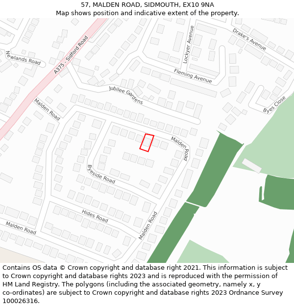 57, MALDEN ROAD, SIDMOUTH, EX10 9NA: Location map and indicative extent of plot